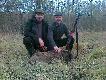 Ostatnie p�dzenie sobotniej zbior�wki. Tu� przed sygna�em obwieszczaj�cym koniec polowania na moje stanowisko "wyje�d�a" ca�a wataha. Pocz�tkowo dziki przechodz� w g�stych zaro�lach uniemo�liwiaj�cych strza�. Lecz po chwili cofaj� si� i przeskakuj� przez w�sk� dr�k�. Dwa strza�y jeden warchlak. Rado�� ogromna, poniewa� sporo czasu min�o jak "zbior�wkowe" dziki systematycznie omija�y mnie szerokim �ukiem. Na zdj�ciu z Koleg� Wiesiem Kr�lem sobotnich �ow�w, kt�ry w tym samym p�dzeniu pozyska� �ani� jelenia. DB